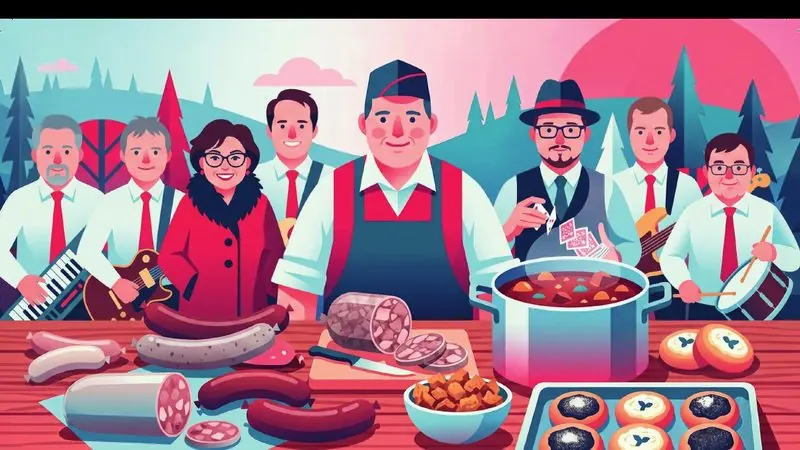 Ilustrace z pozvánky: řezník, kapela a kandidáti u stolu se zabijačkovými dobrotami