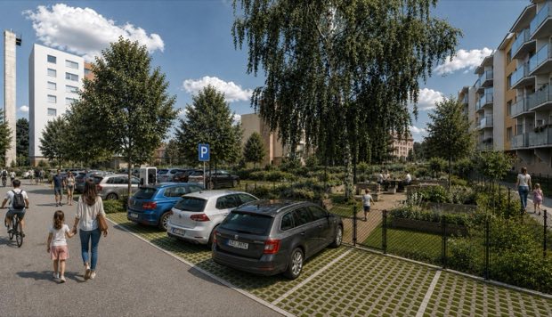 Vizualizace sídliště s parkováním, stromořadím a zelení mezi domy